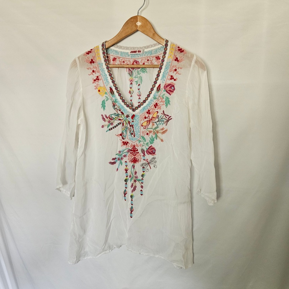 Johnny Was Embroidered Dragonfly Floral Top sz S